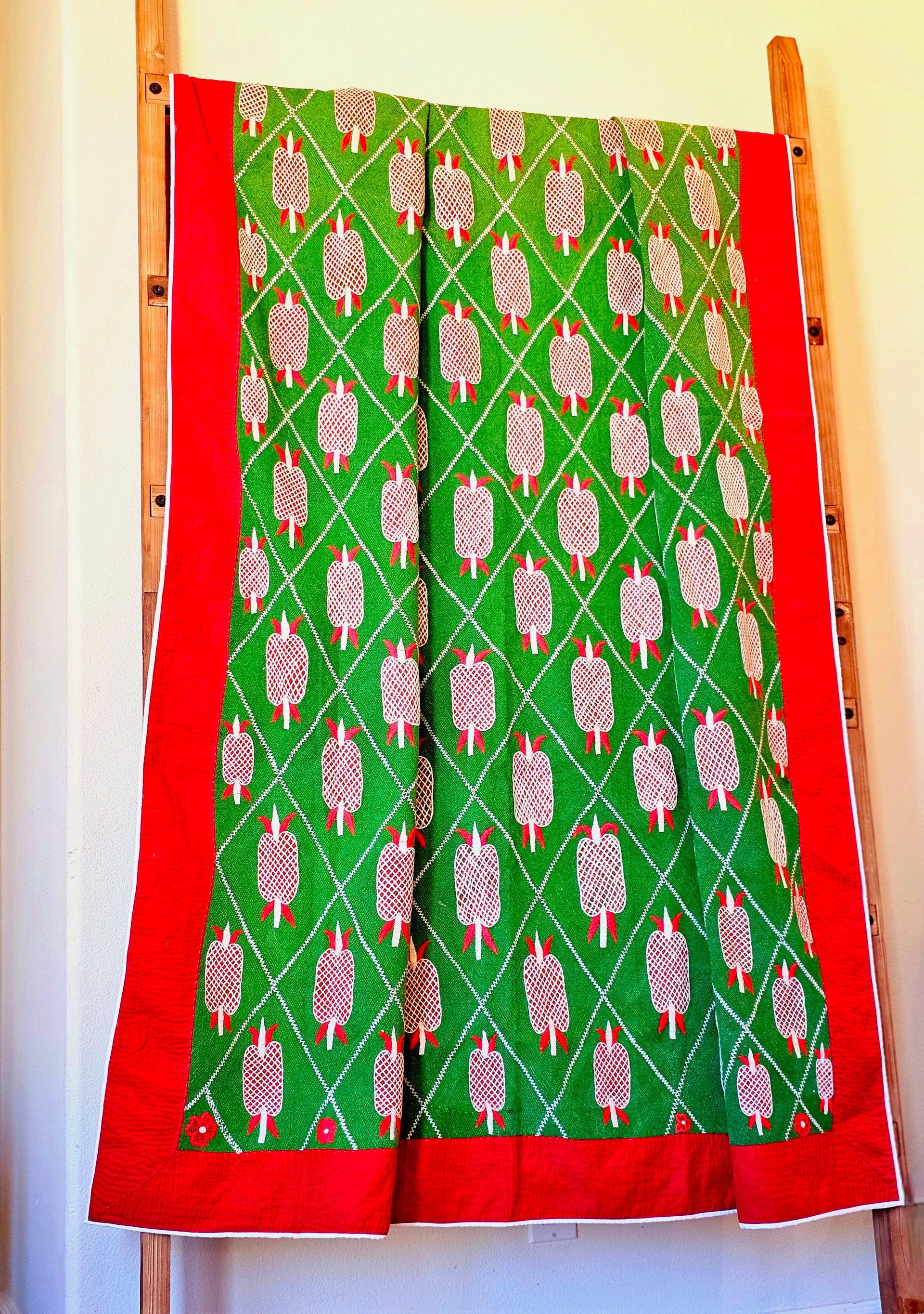 Pineapple Kantha Quilt – Hand Embroidered Cotton Quilt - Ohana Earth