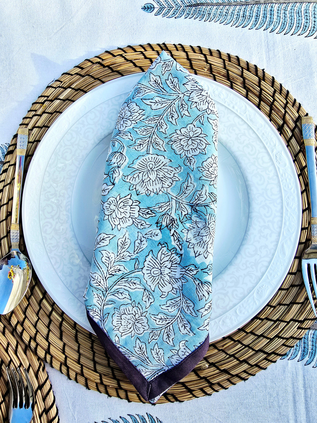 Cornflower Blue Pure Cotton Hand block Printed Napkin - Ohana Earth