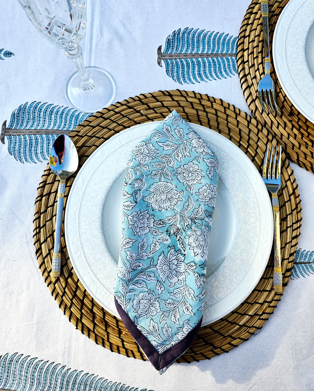 Cornflower Blue Pure Cotton Hand block Printed Napkin - Ohana Earth
