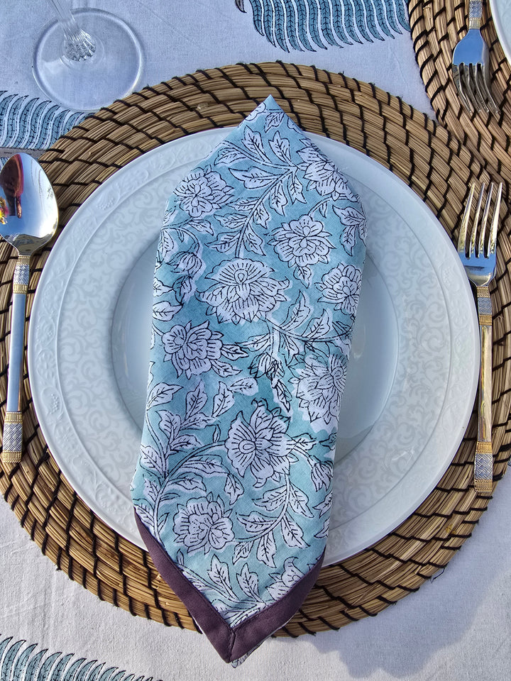 Cornflower Blue Pure Cotton Hand block Printed Napkin - Ohana Earth