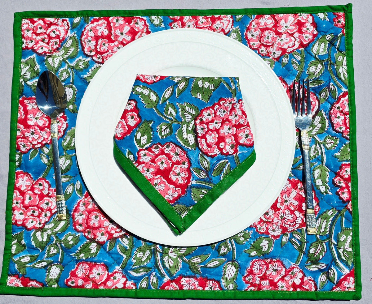 Blue Red Floral Pure Cotton Hand block Printed Napkin - Ohana Earth