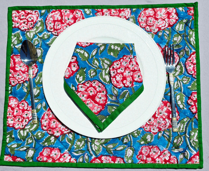 Blue Red Floral Pure Cotton Hand block Printed Napkin - Ohana Earth