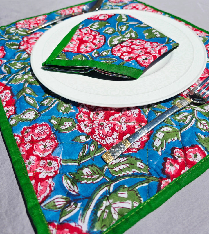 Blue Red Floral Pure Cotton Hand block Printed Napkin - Ohana Earth