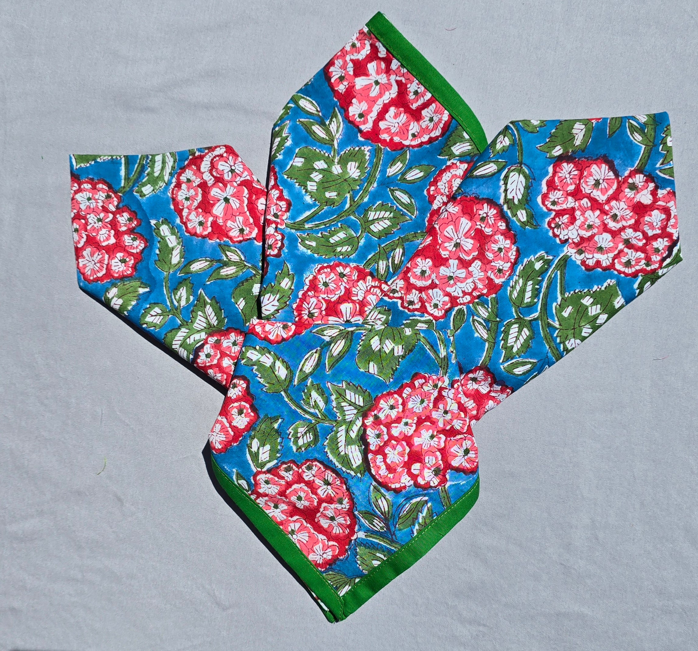 Blue Red Floral Pure Cotton Hand block Printed Napkin - Ohana Earth