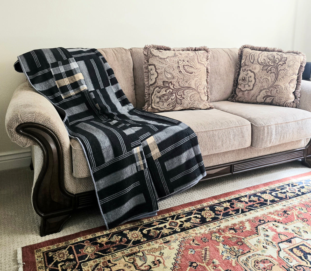 White Black Patchwork Handmade Kantha Throw - Ohana Earth