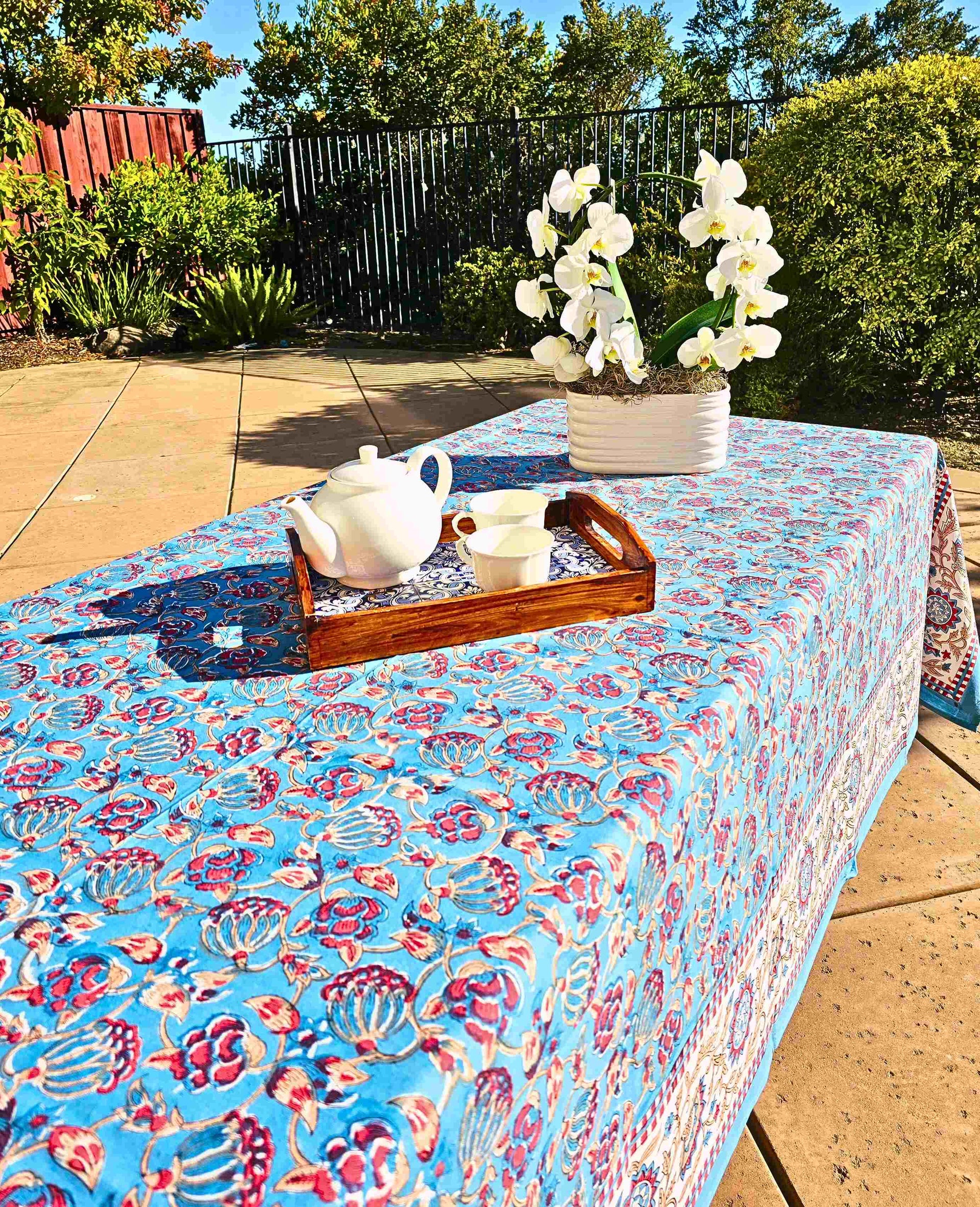 Blue Bloom Hand Block Printed Table Cloth - Ohana Earth