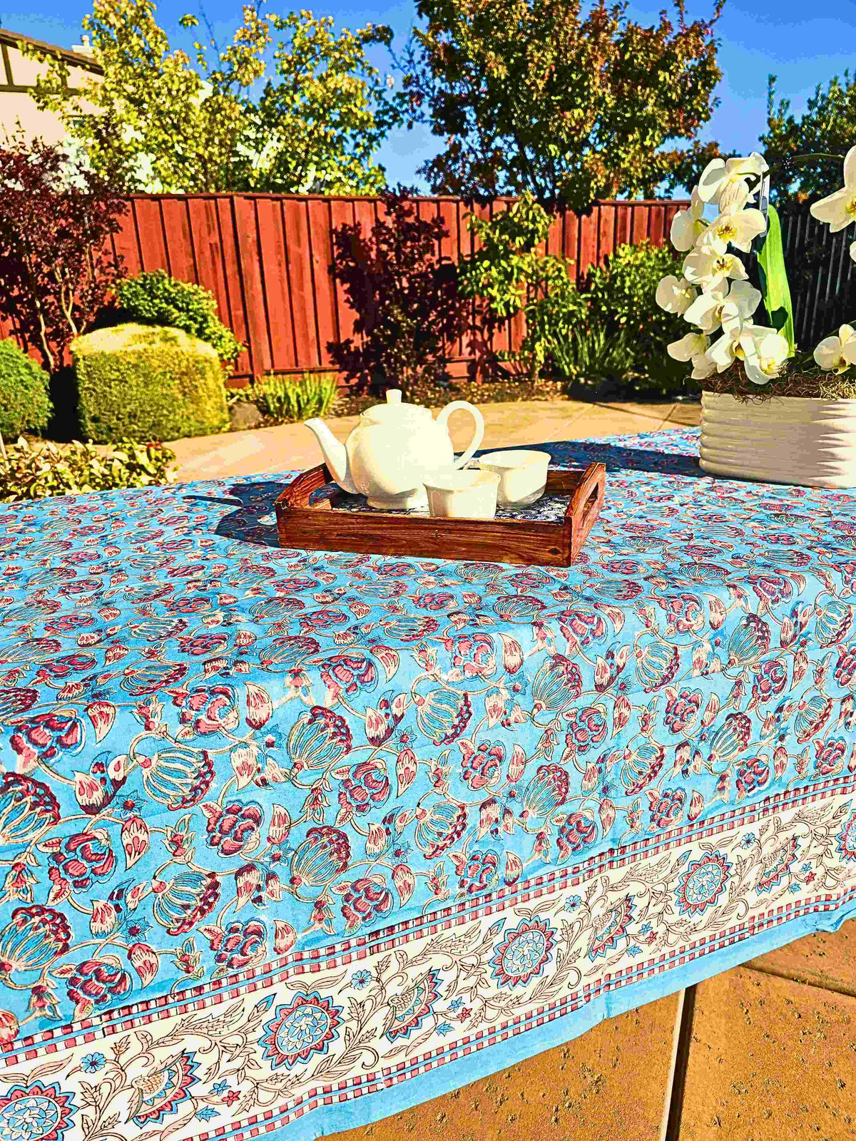 Blue Bloom Hand Block Printed Table Cloth - Ohana Earth