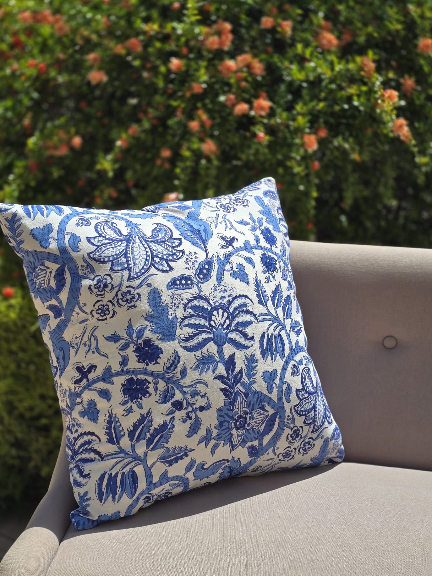 California Blue Floral Hand Block Printed Cushion Cover - Ohana Earth