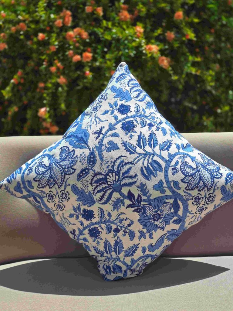 California Blue Floral Hand Block Printed Cushion Cover - Ohana Earth