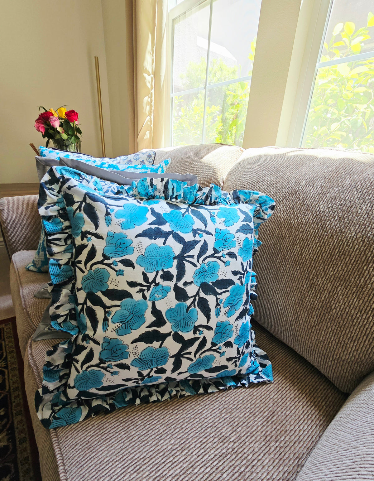 California Blue Iris Hand Block Printed Cushion Cover - Ohana Earth