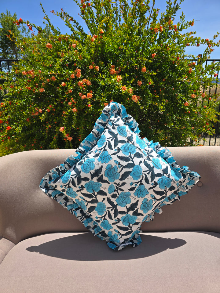 California Blue Iris Hand Block Printed Cushion Cover - Ohana Earth