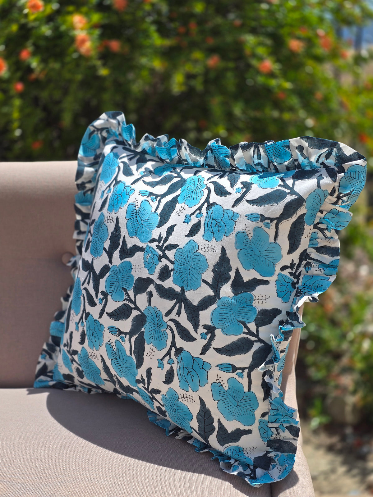 California Blue Iris Hand Block Printed Cushion Cover - Ohana Earth