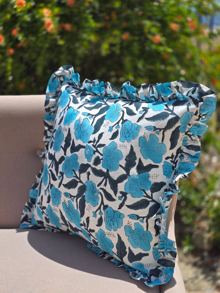 California Blue Iris Hand Block Printed Cushion Cover - Ohana Earth