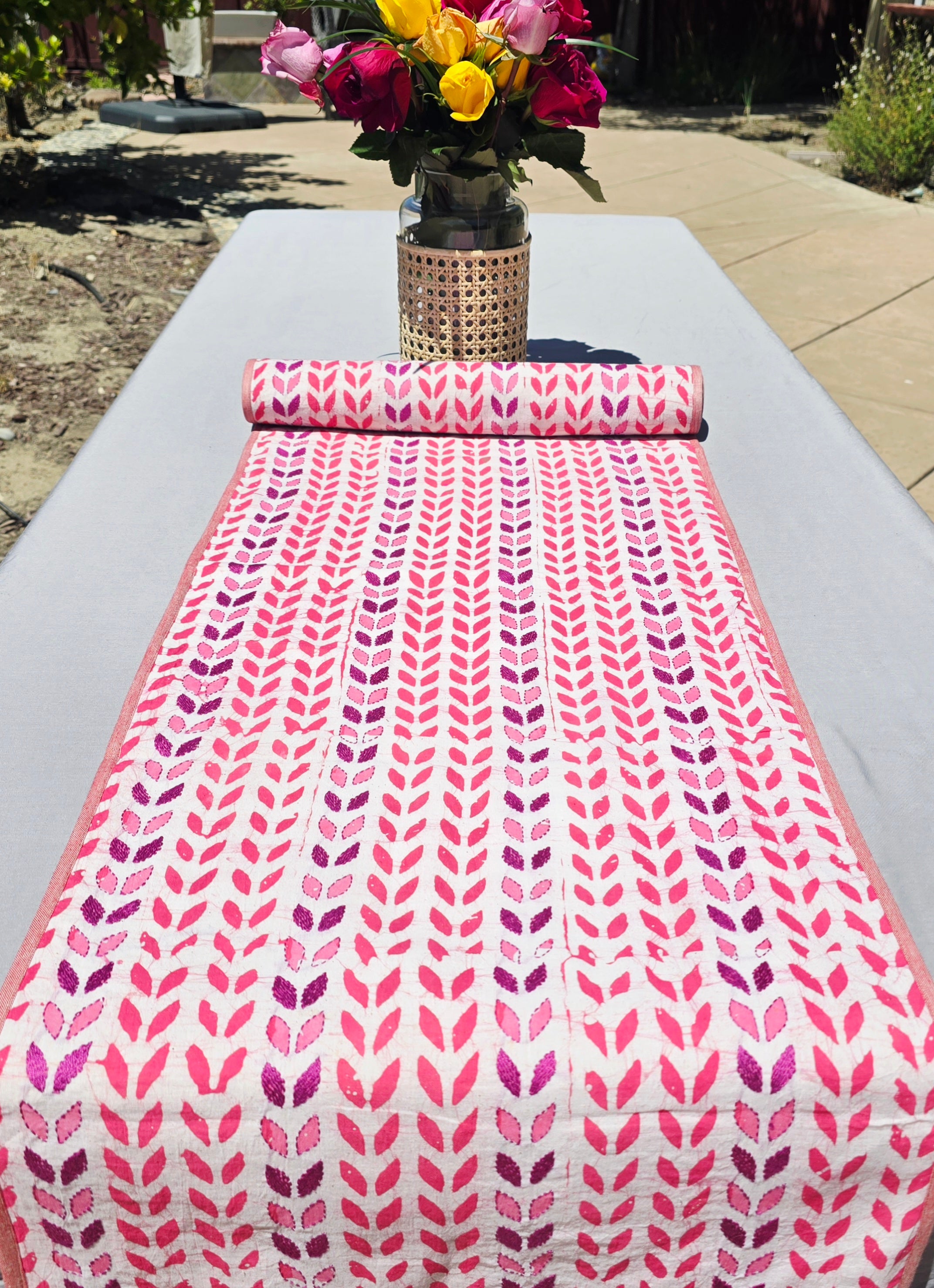 Just Petals Block Printed Handmade Kantha Table Runner - Ohana Earth