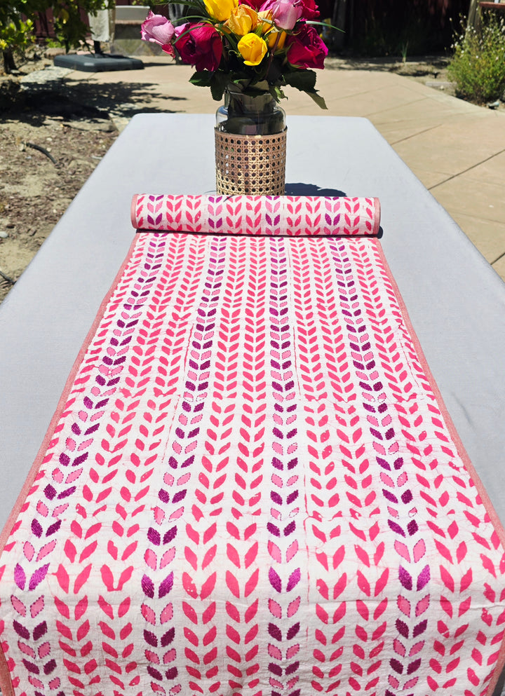 Just Petals Block Printed Handmade Kantha Table Runner - Ohana Earth