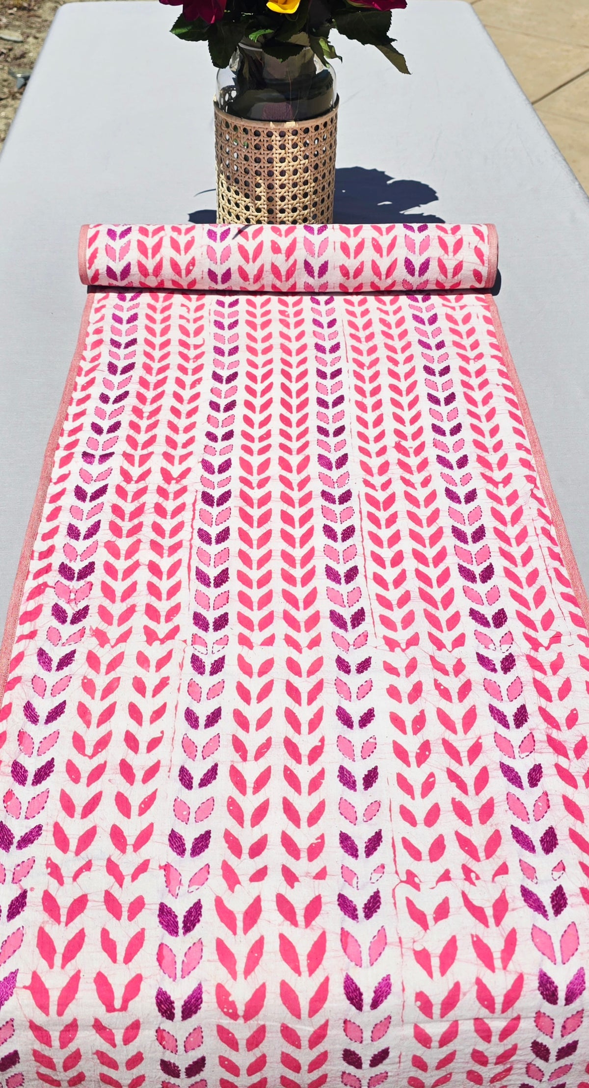 Just Petals Block Printed Handmade Kantha Table Runner - Ohana Earth