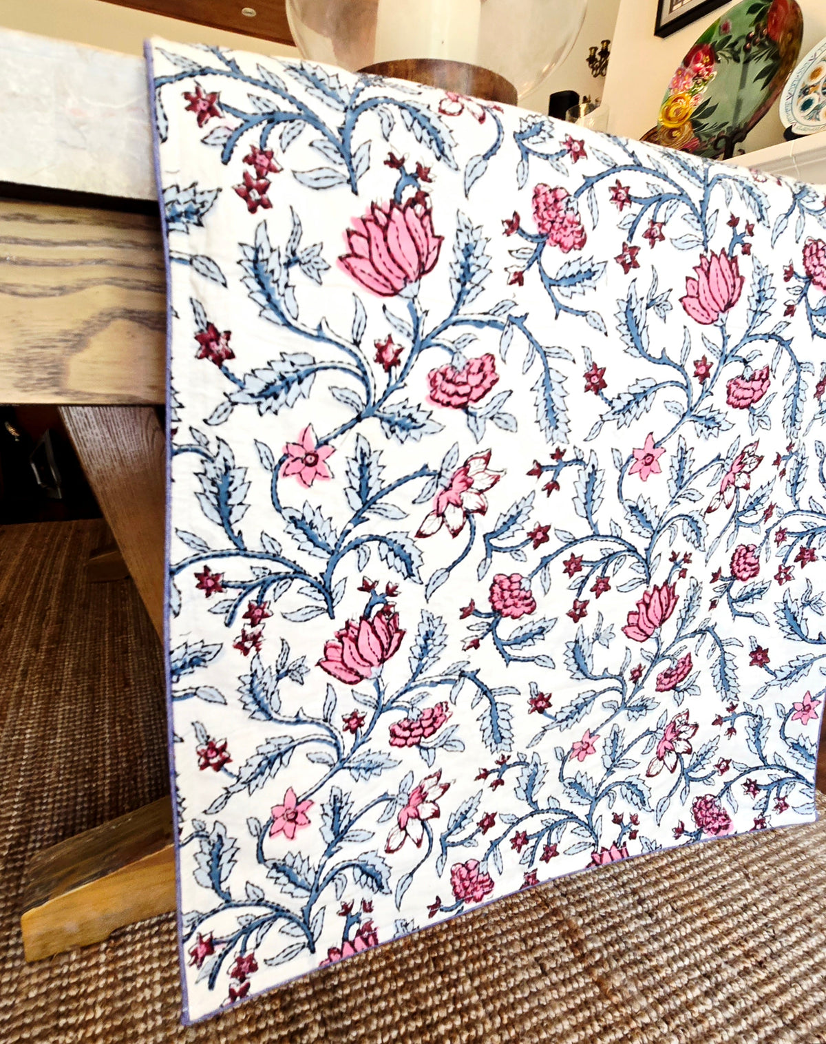 Loopy Lotus Block Printed Handmade Kantha Table Runner - Ohana Earth