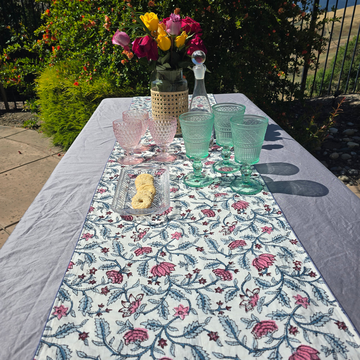Loopy Lotus Block Printed Handmade Kantha Table Runner - Ohana Earth