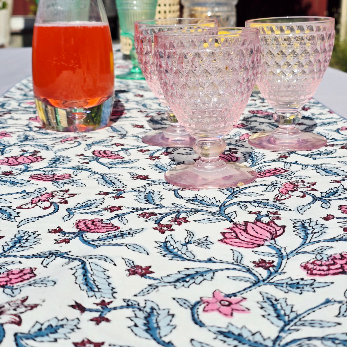 Loopy Lotus Block Printed Handmade Kantha Table Runner - Ohana Earth
