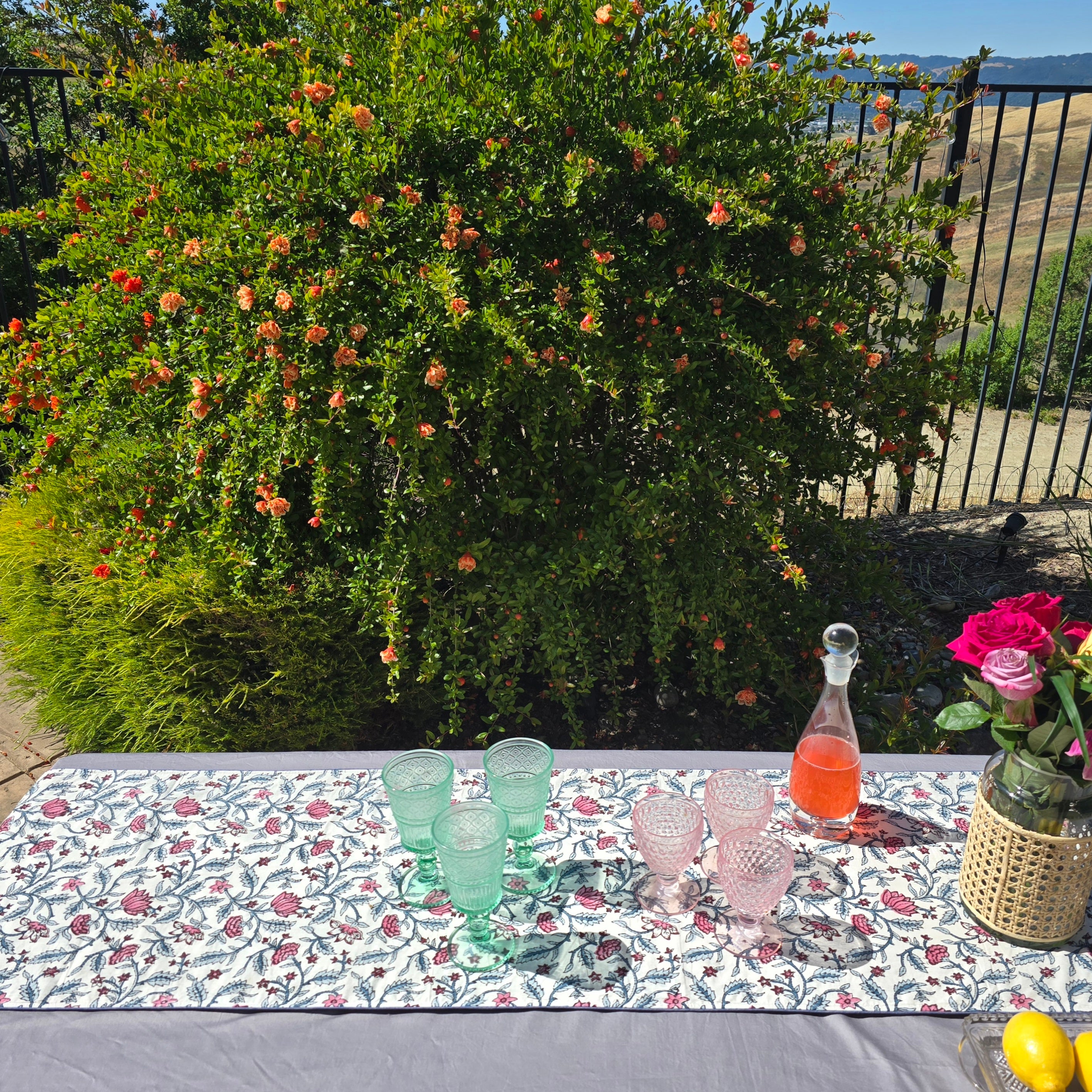 Loopy Lotus Block Printed Handmade Kantha Table Runner - Ohana Earth
