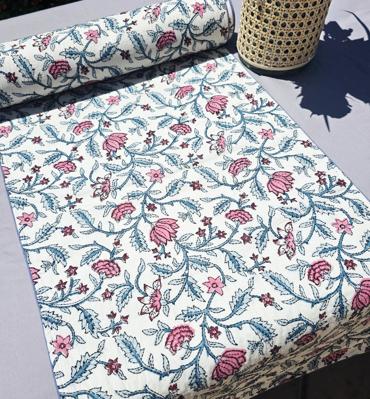 Loopy Lotus Block Printed Handmade Kantha Table Runner - Ohana Earth