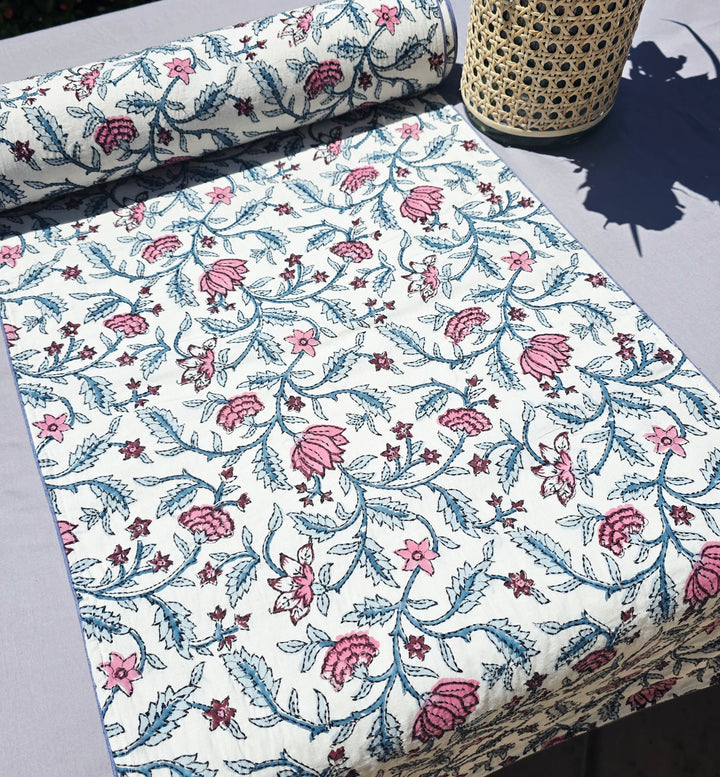 Loopy Lotus Block Printed Handmade Kantha Table Runner - Ohana Earth