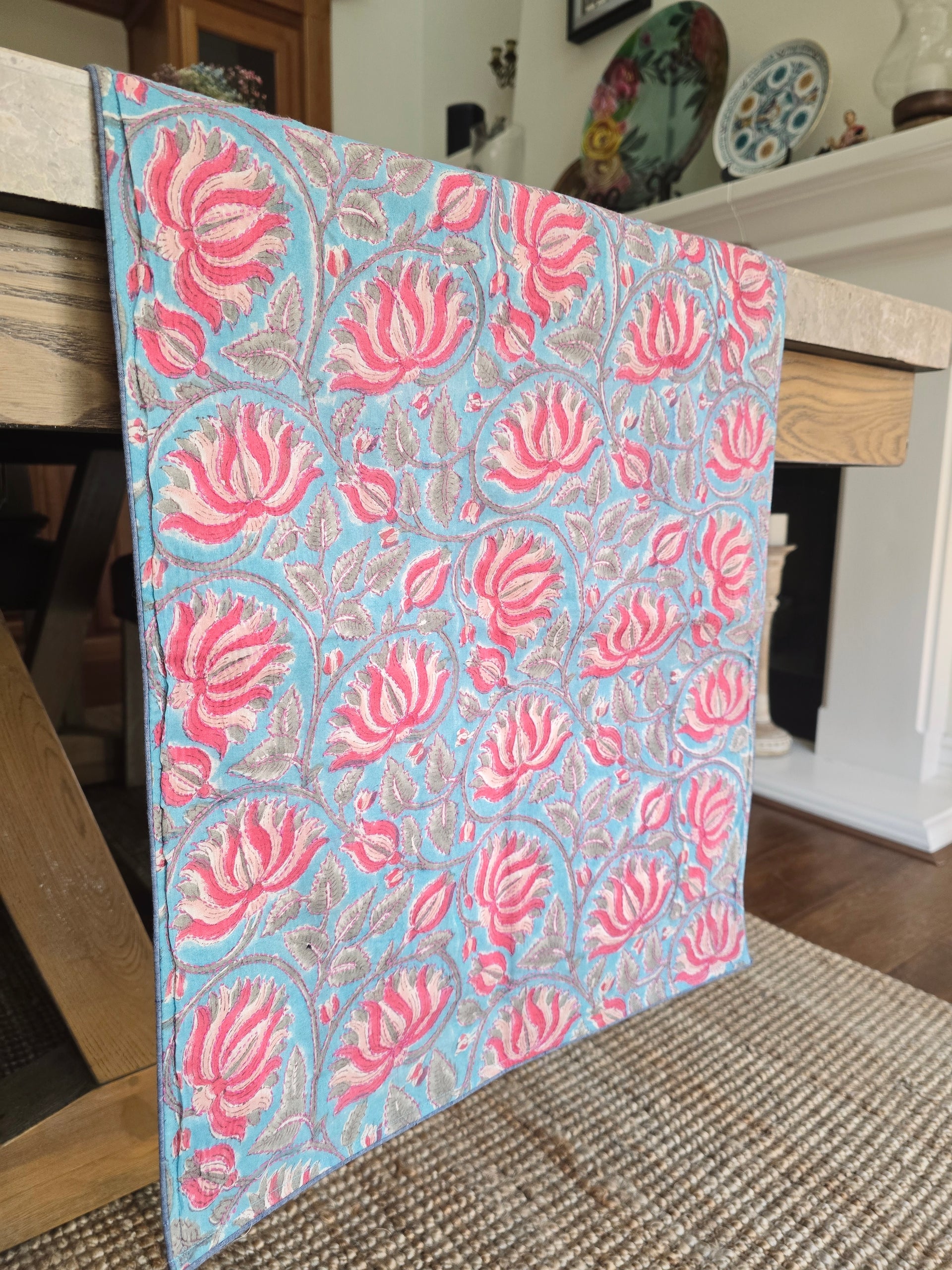 Lotus on Blue Block Printed Handmade Kantha Table Runner - Ohana Earth