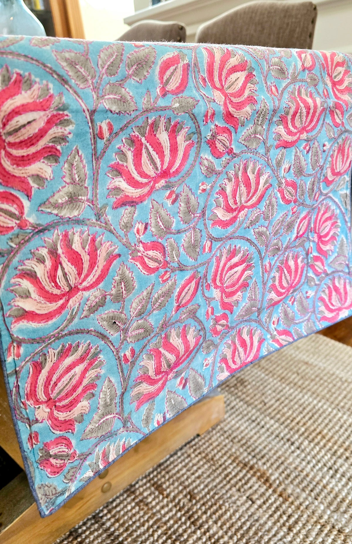 Lotus on Blue Block Printed Handmade Kantha Table Runner - Ohana Earth