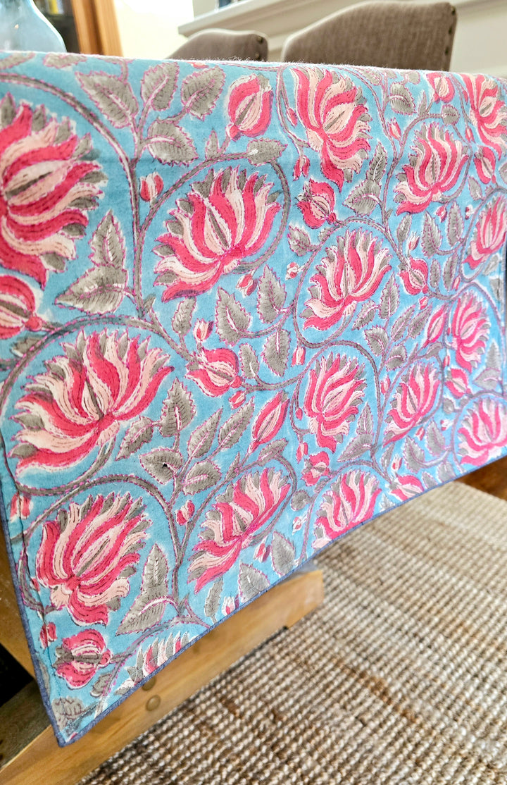 Lotus on Blue Block Printed Handmade Kantha Table Runner - Ohana Earth