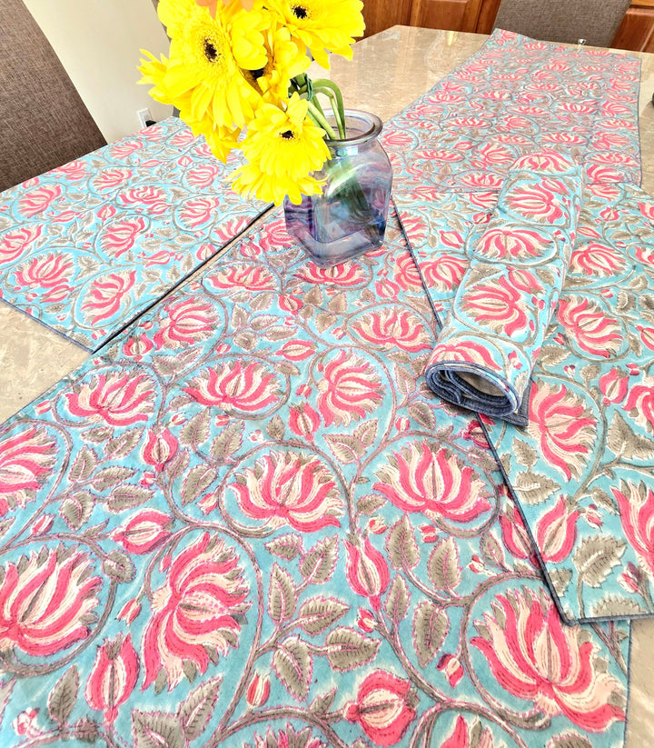 Lotus on Blue Block Printed Handmade Kantha Table Runner - Ohana Earth