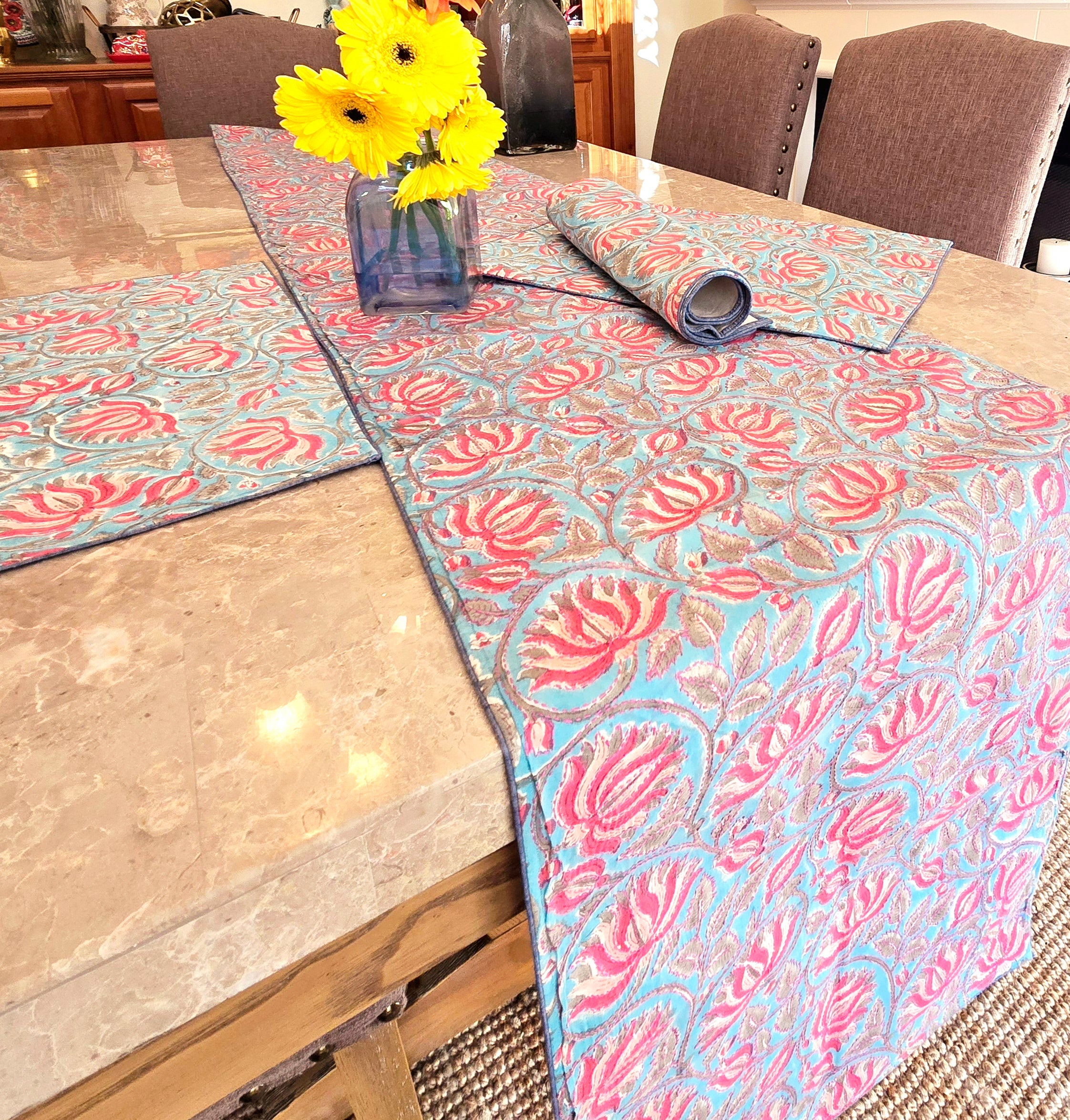 Lotus on Blue Block Printed Handmade Kantha Table Runner - Ohana Earth