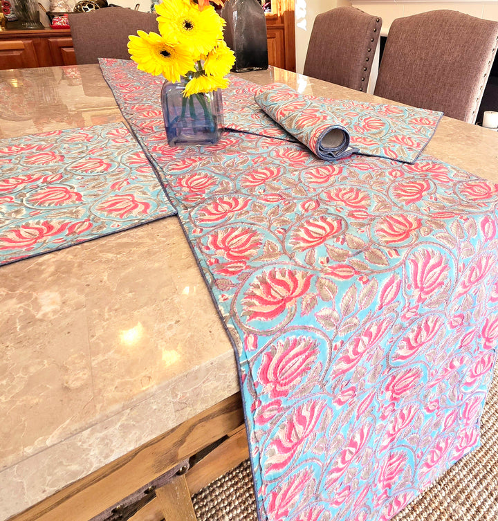 Lotus on Blue Block Printed Handmade Kantha Table Runner - Ohana Earth