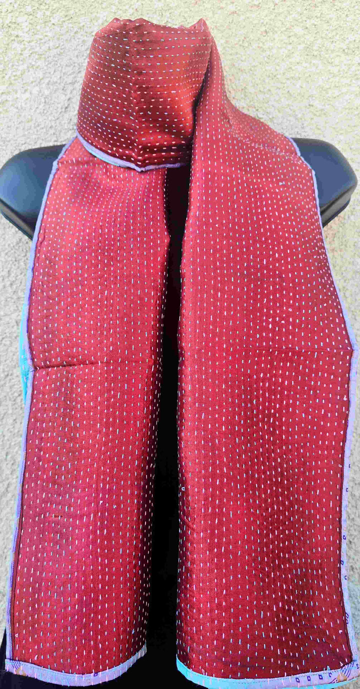 Hand Embroidered Maroon & Blue Reversible Silk Kantha Scarf - Ohana Earth