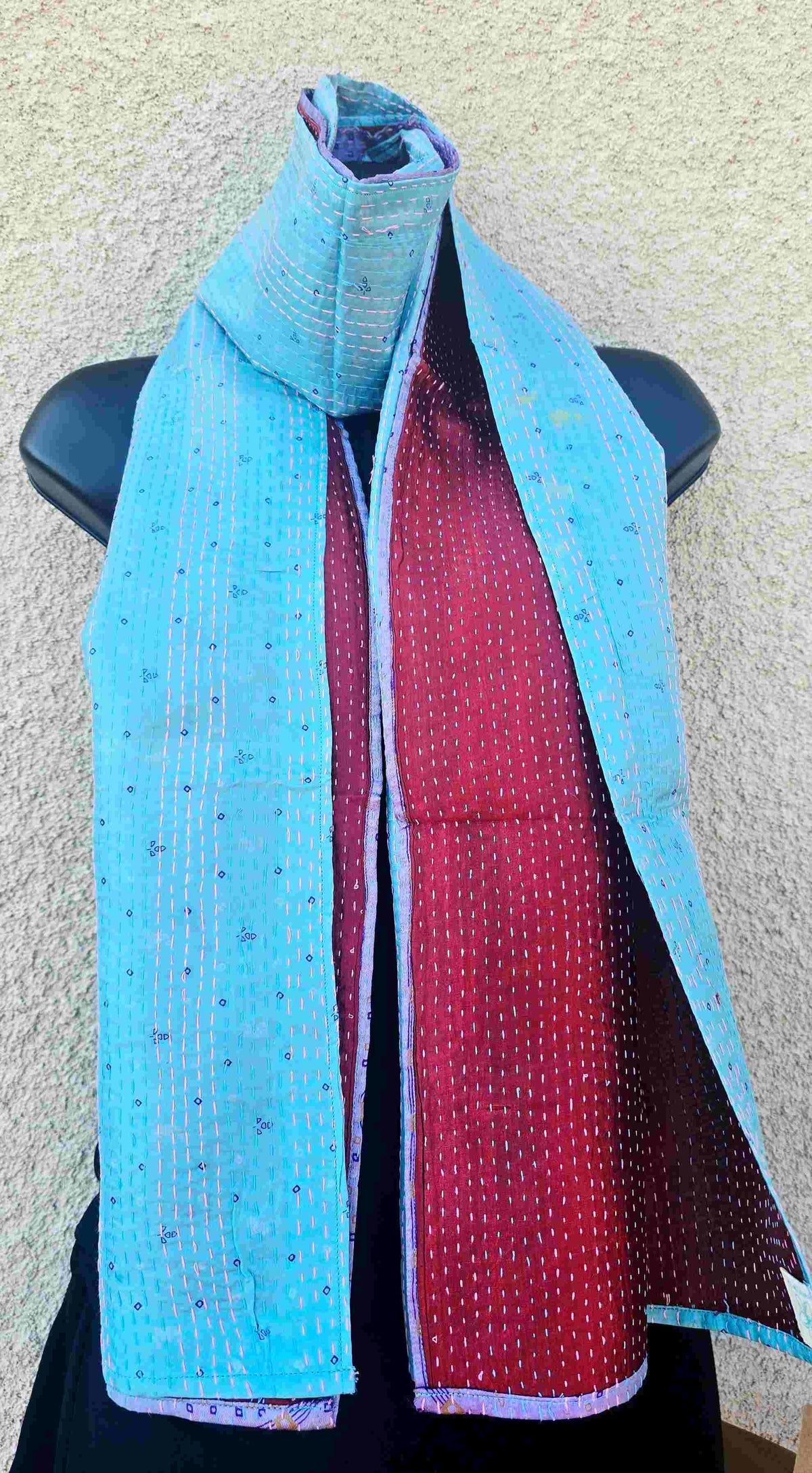 Hand Embroidered Maroon & Blue Reversible Silk Kantha Scarf - Ohana Earth