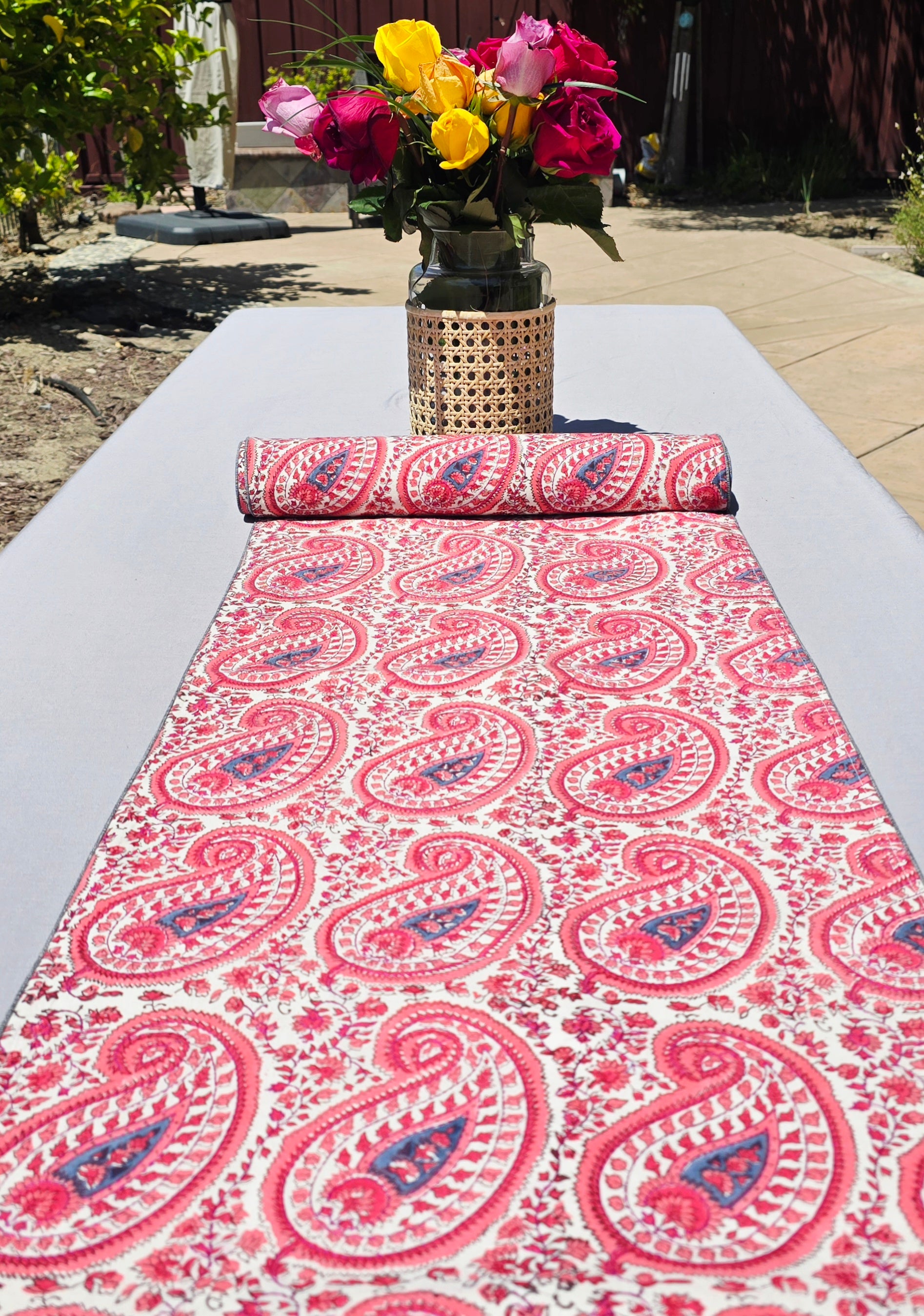 Orange Paisley Block Printed Handmade Kantha Table Runner - Ohana Earth