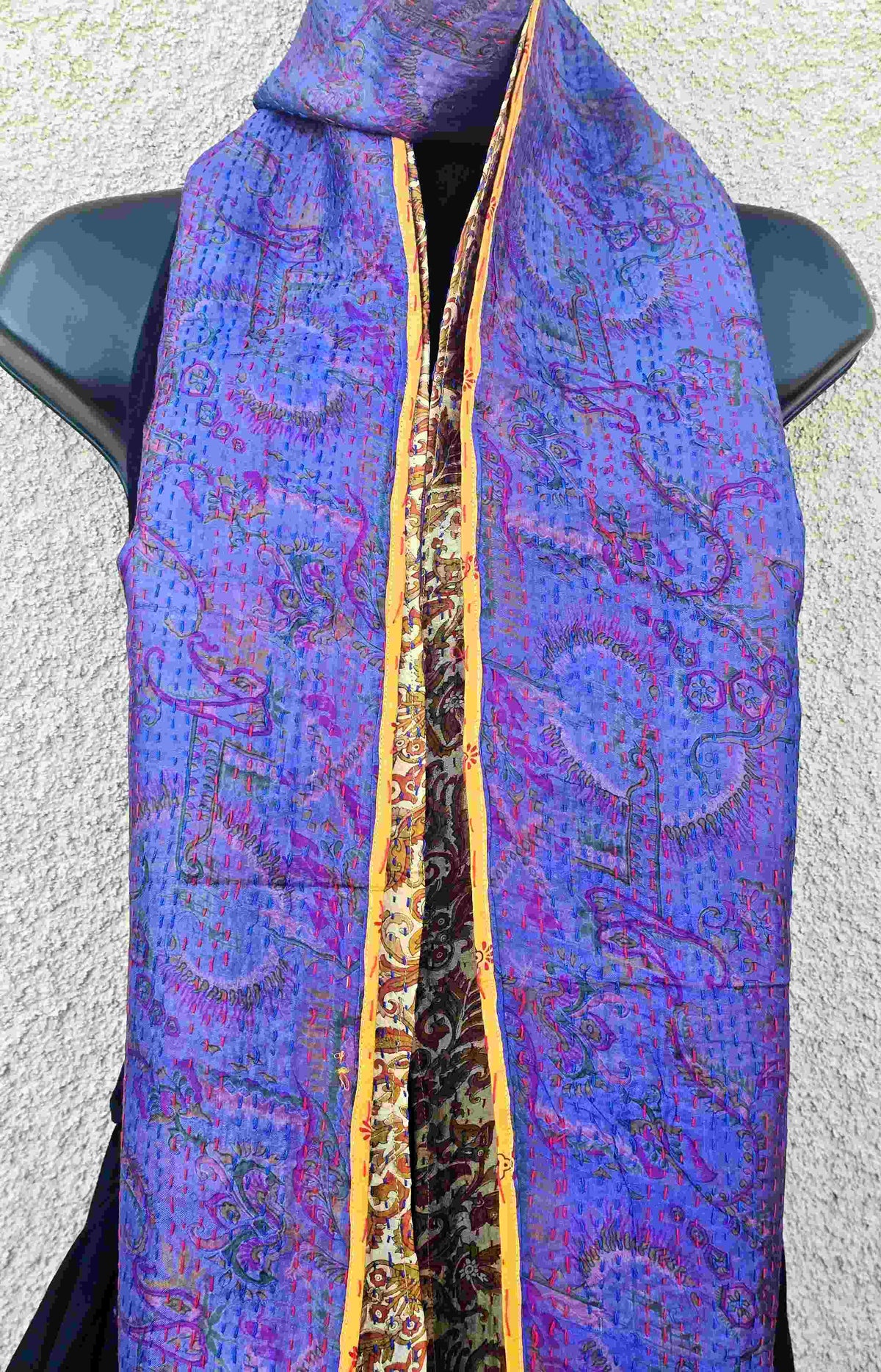 Hand Embroidered Purple & Yellow Reversible Silk Kantha Scarf - Ohana Earth