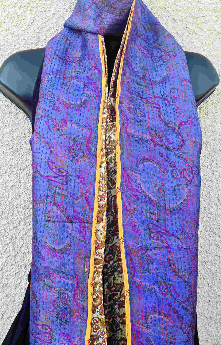 Hand Embroidered Purple & Yellow Reversible Silk Kantha Scarf - Ohana Earth