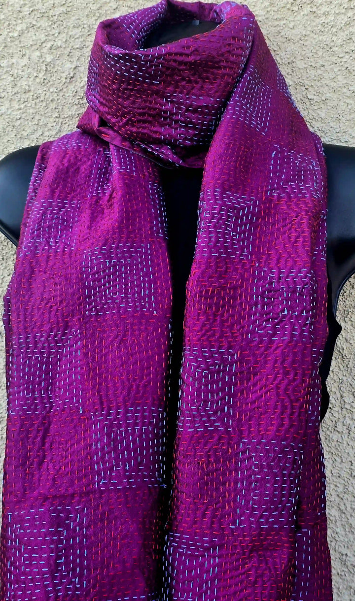Hand Embroidered Magenta Kantha Silk Scarf - Ohana Earth