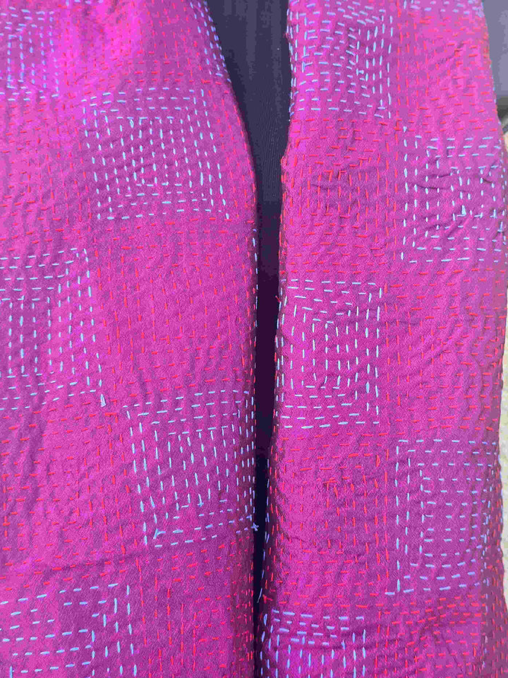 Hand Embroidered Magenta Kantha Silk Scarf - Ohana Earth