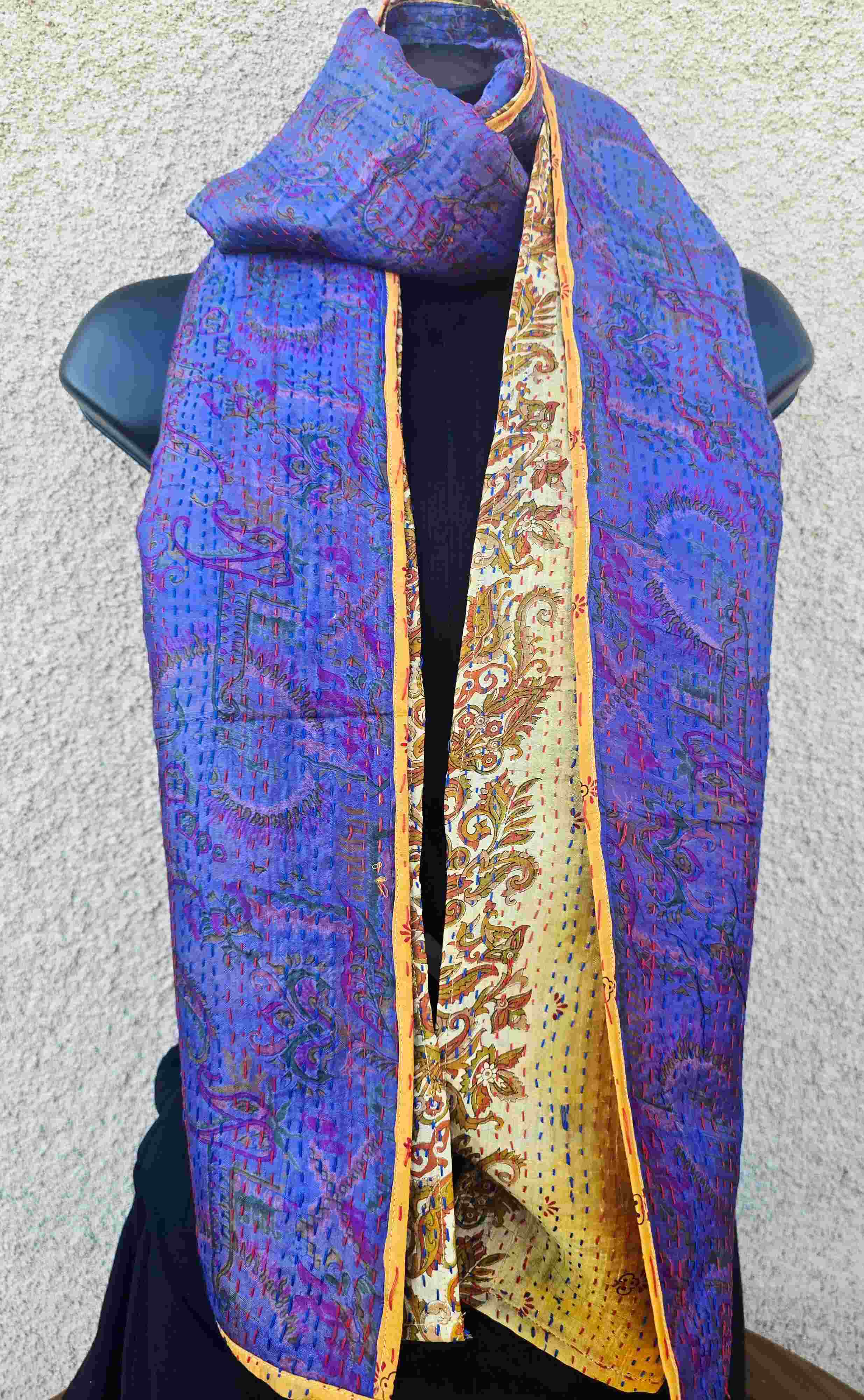 Hand Embroidered Purple & Yellow Reversible Silk Kantha Scarf - Ohana Earth