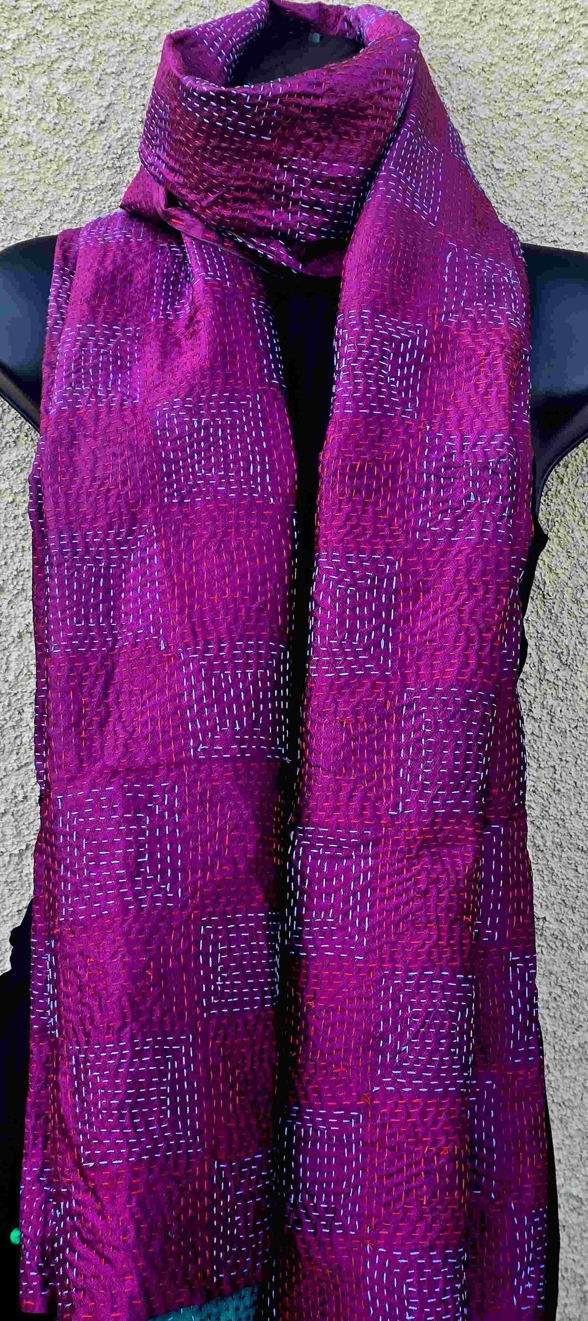 Hand Embroidered Magenta Kantha Silk Scarf - Ohana Earth