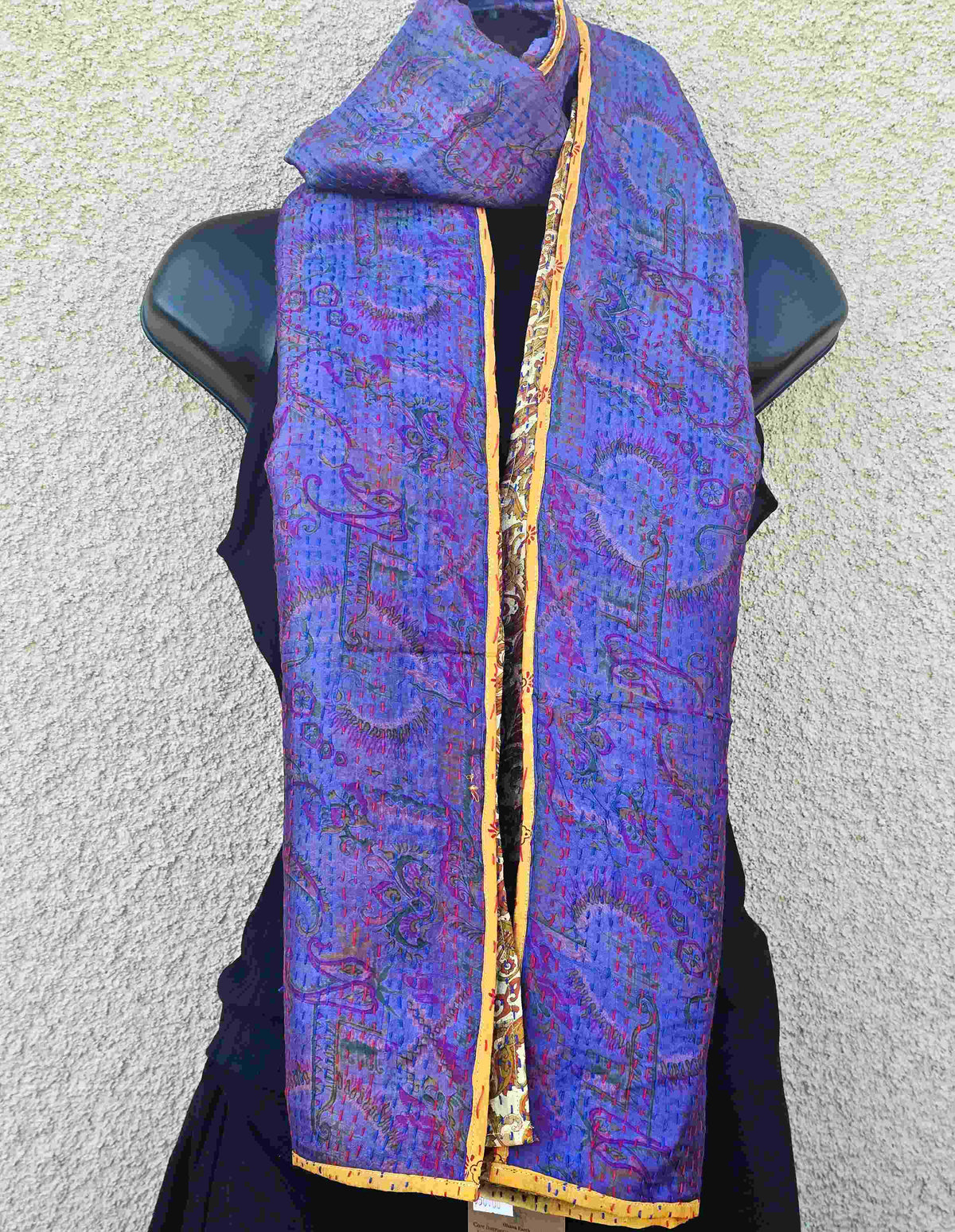 Hand Embroidered Purple & Yellow Reversible Silk Kantha Scarf - Ohana Earth