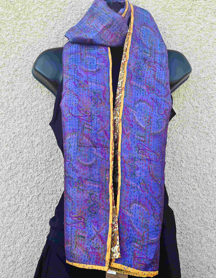 Hand Embroidered Purple & Yellow Reversible Silk Kantha Scarf - Ohana Earth