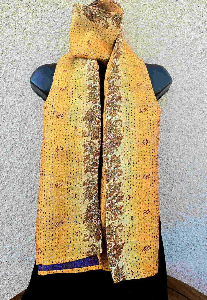 Hand Embroidered Purple & Yellow Reversible Silk Kantha Scarf - Ohana Earth