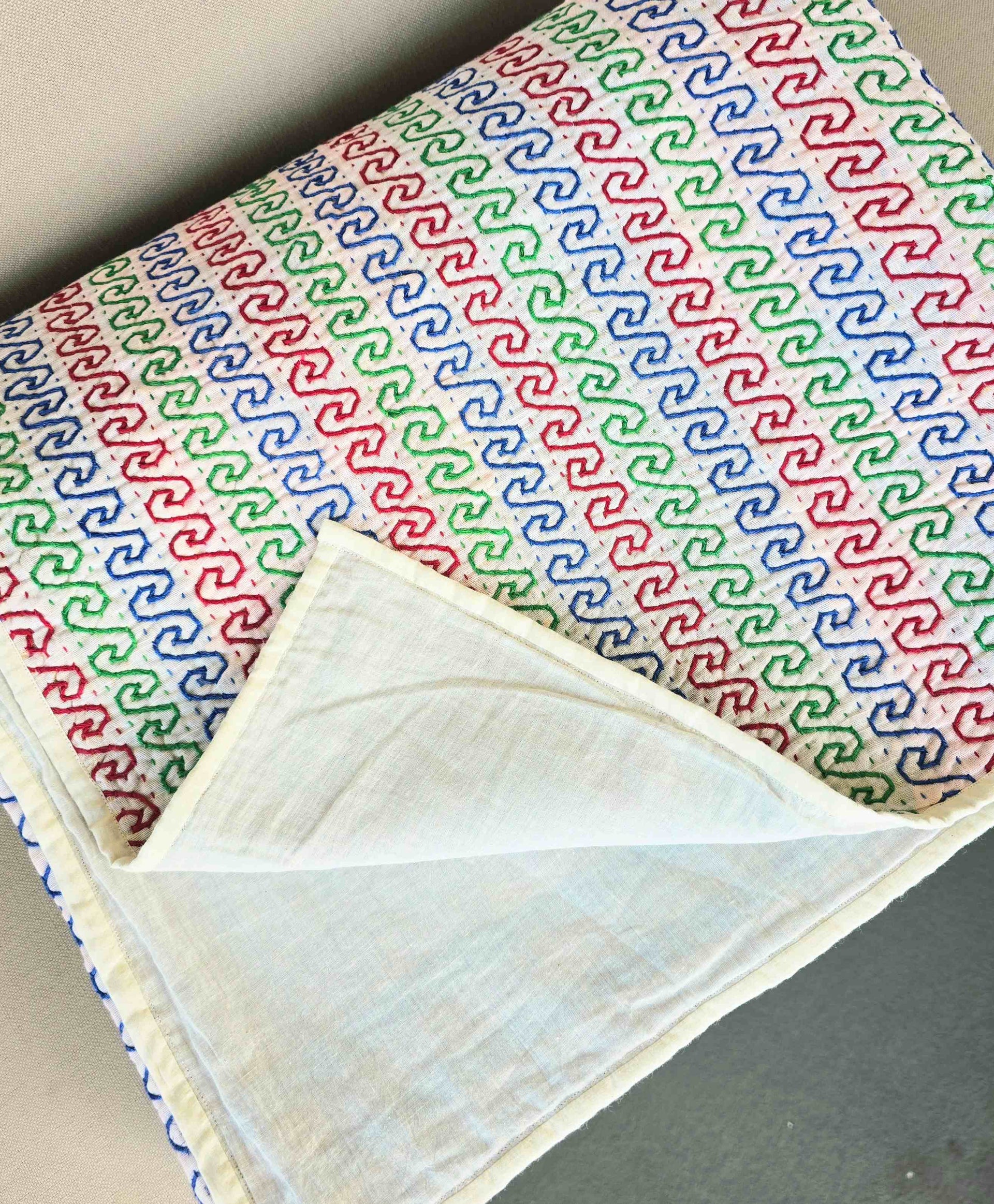 White Kantha Throw – Hand Embroidered Cotton Kantha Quilt Throw - Ohana Earth
