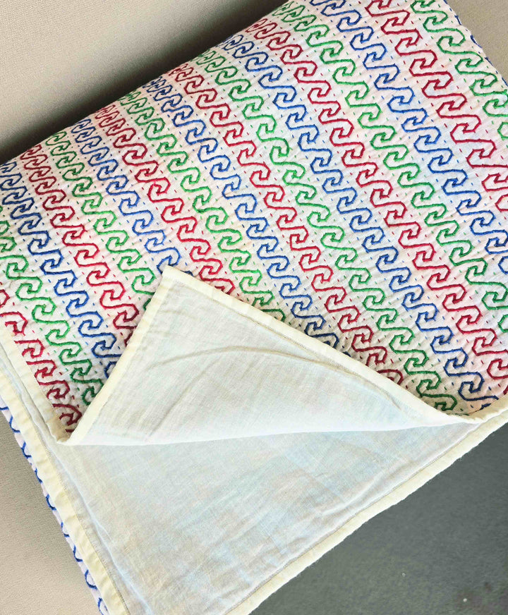 White Kantha Throw – Hand Embroidered Cotton Kantha Quilt Throw - Ohana Earth