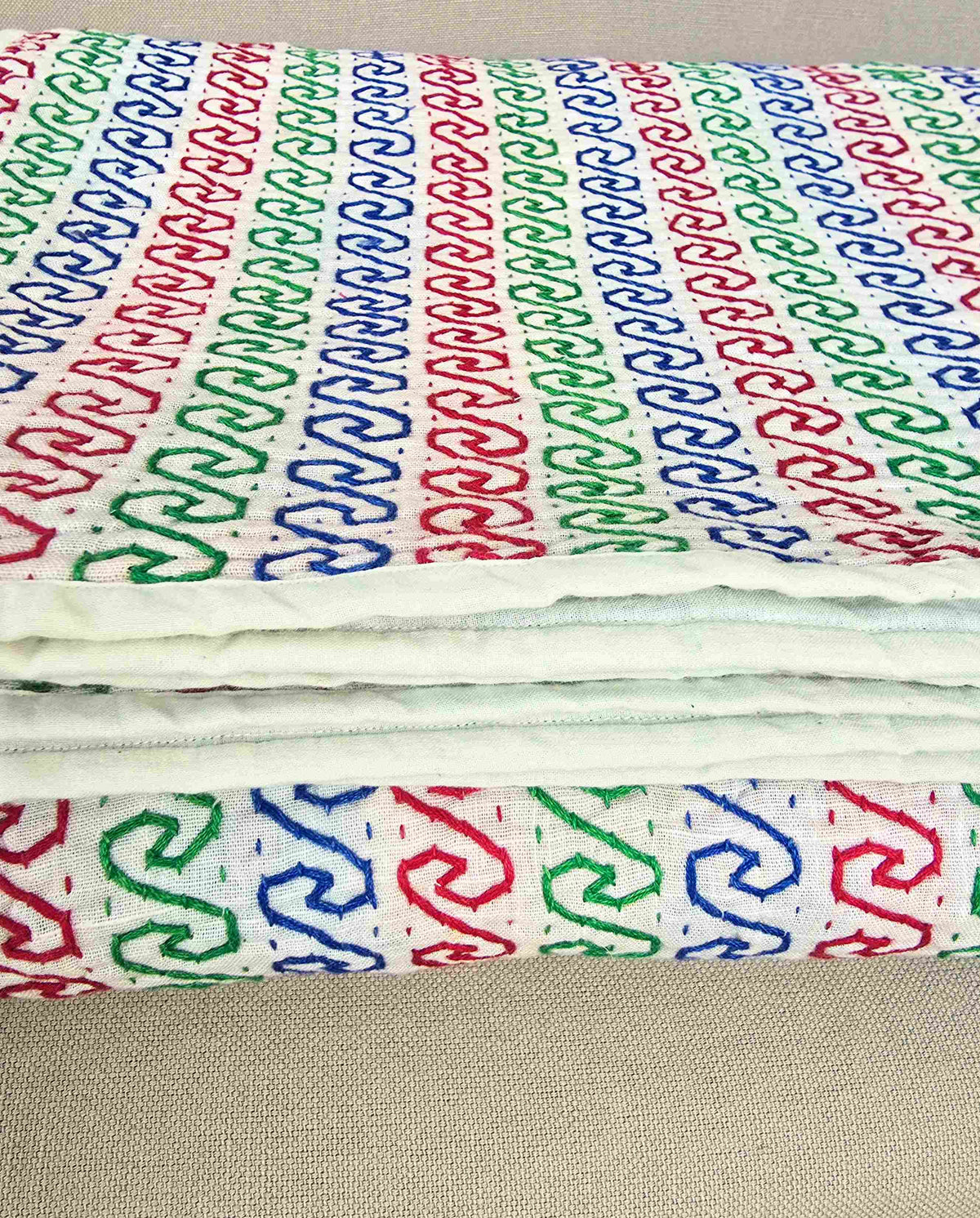 White Kantha Throw – Hand Embroidered Cotton Kantha Quilt Throw - Ohana Earth