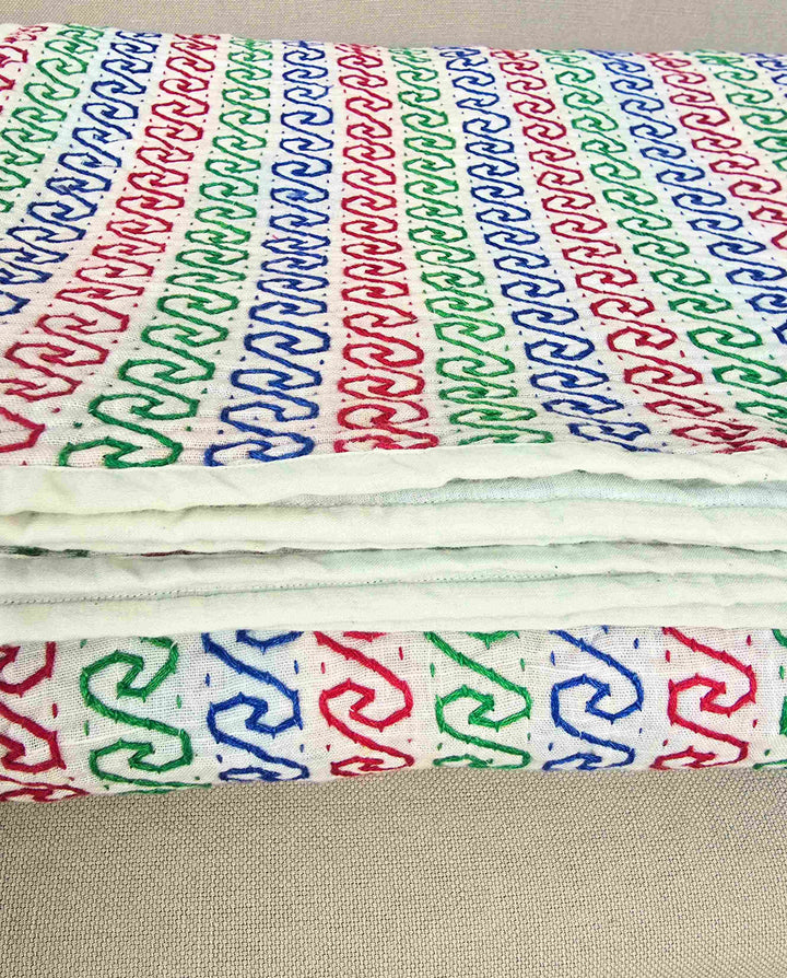 White Kantha Throw – Hand Embroidered Cotton Kantha Quilt Throw - Ohana Earth