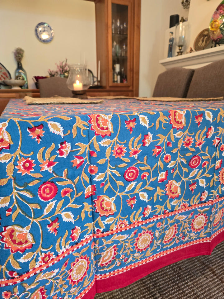 Wild Flower Blue Hand Block Printed Table Cloth - Ohana Earth