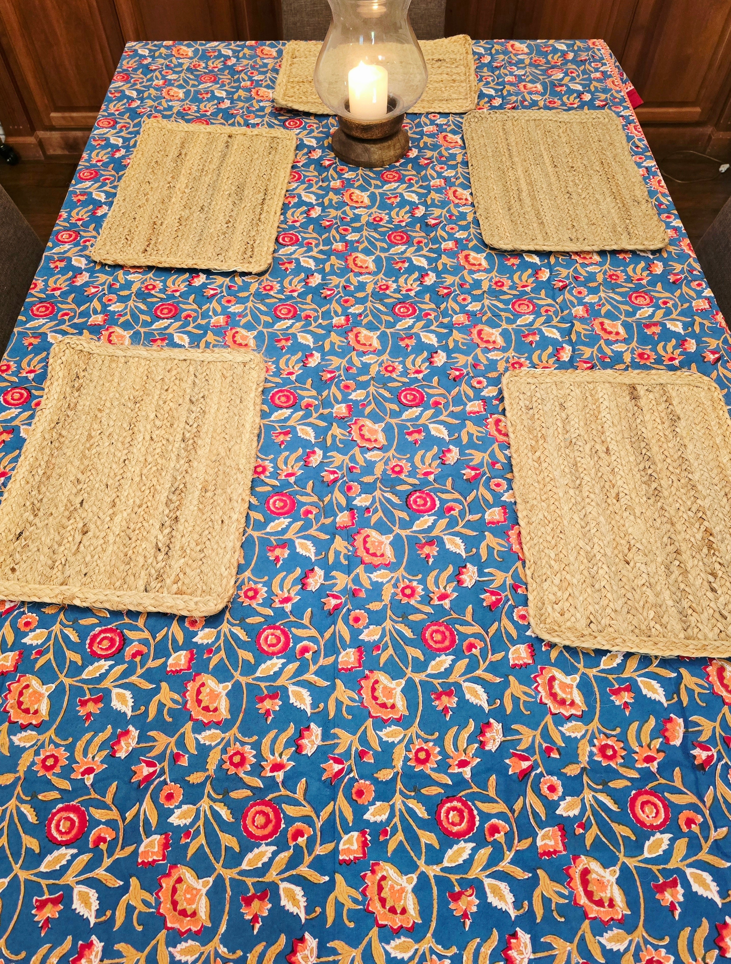 Wild Flower Blue Hand Block Printed Table Cloth - Ohana Earth